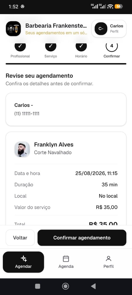 Tela do cliente na Ajenda: revisa e confirma
