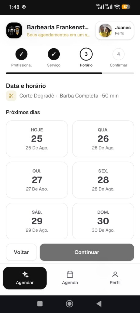 Tela do cliente na Ajenda: escolhe o dia