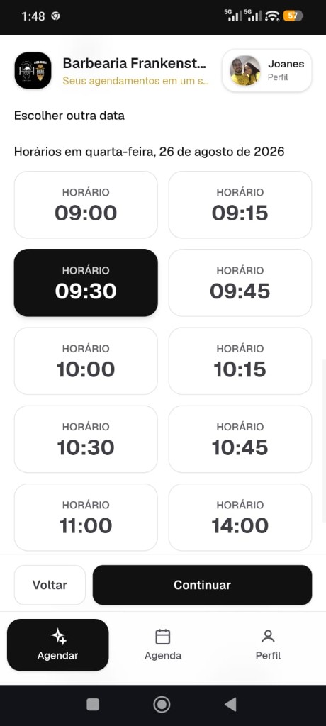 Tela do cliente na Ajenda: escolhe o horário
