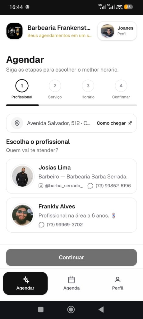 Tela do cliente na Ajenda: escolhe o profissional