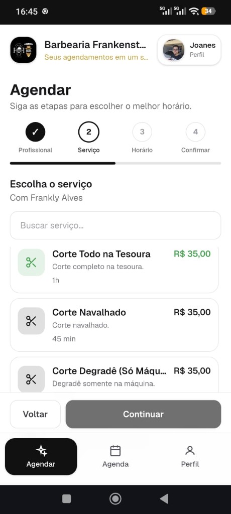 Tela do cliente na Ajenda: escolhe o serviço