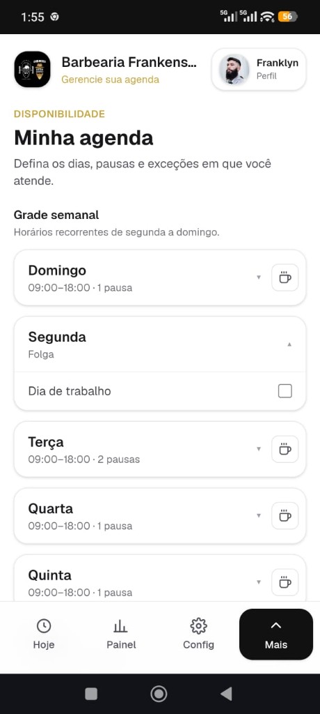 Tela do profissional na Ajenda: define a disponibilidade