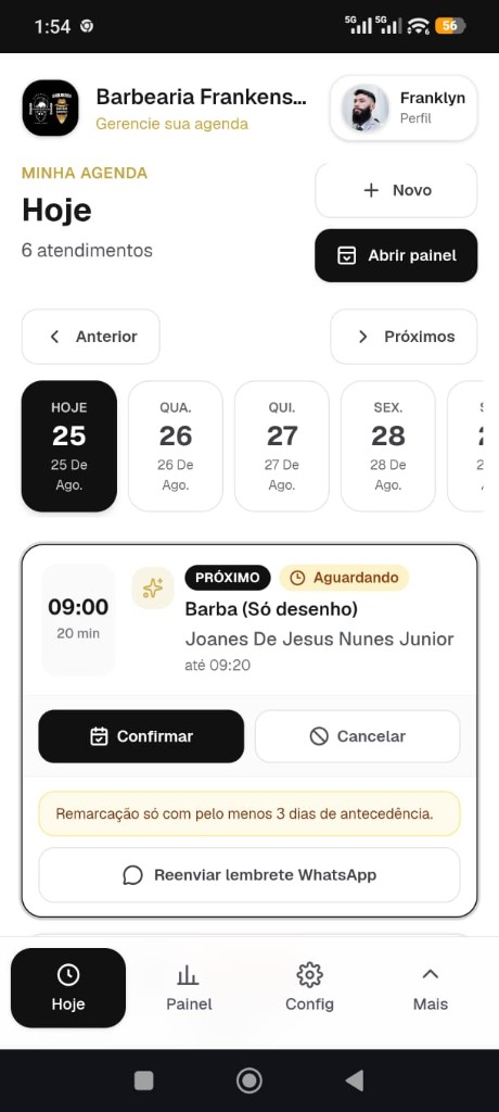Tela do profissional na Ajenda: vê a agenda do dia
